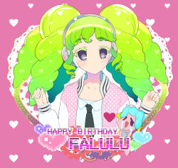 Rule 34 | 1girl, black necktie, character name, colored eyelashes, crying, crying with eyes open, drill hair, expressionless, falulu, green hair, grey eyes, hands up, happy birthday, headphones, heart, highres, jacket, long hair, long sleeves, looking at viewer, moudoku (decopon3rd), necktie, open clothes, open jacket, pink background, pink jacket, pixelated, pretty series, pripara, shirt, sidelocks, solo, streaming tears, tears, twin drills, twintails, unicorn (pripara), upper body, white shirt