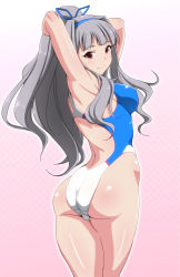 Rule 34 | 1girl, armpits, arms up, ass, breasts, competition swimsuit, gluteal fold, hair ribbon, idolmaster, idolmaster (classic), long hair, looking at viewer, one-piece swimsuit, ponytail, red eyes, ribbon, shijou takane, silver hair, smile, solo, swimsuit, tengu (tetuo kun)