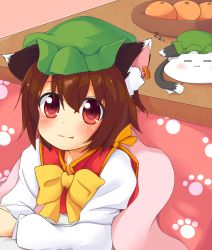 Rule 34 | 1girl, :3, animal ear fluff, chen, chinoru, commentary request, fang, highres, kotatsu, lying, on stomach, solo, table, touhou, under kotatsu, under table, zzz