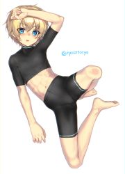 Rule 34 | 1girl, abs, androgynous, barefoot, bike shorts, blonde hair, blue eyes, blush, feet, female focus, fingerless gloves, flat chest, gloves, highres, iris (ryou@ryou), looking at viewer, midriff, navel, original, parted lips, pawoo username, reverse trap, ryou@ryou, short hair, simple background, solo, spread legs, white background