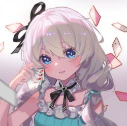 Rule 34 | 1girl, ace (playing card), ace of hearts, blue dress, card, dress, hair between eyes, hair ribbon, heart, highres, holding, honkai (series), honkai impact 3rd, long hair, looking at viewer, open mouth, playing card, qiyue no hei qiaokeli, ribbon, solo, theresa apocalypse, theresa apocalypse (violet executer), twintails, white background, white hair