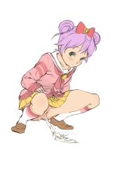 Rule 34 | 1girl, blush, bow, double bun, flat chest, full body, green eyes, hair bow, hair bun, hands on own thighs, highres, kneehighs, knees, loafers, no panties, ojomi, peeing, pink sailor collar, pleated skirt, puddle, purple hair, pussy, sailor collar, school uniform, serafuku, shoes, side bangs, sketch, skirt, socks, solo, squatting, thighs, uncensored, water drop, white background, yellow skirt
