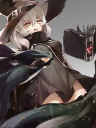 Rule 34 | 1girl, animal ears, arknights, black dress, book, cat ears, coat, dress, grimoire, hat, haze (arknights), highres, satanfang, smile, white hair, witch hat, yellow eyes