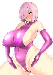 Rule 34 | 1girl, akaneman, breasts, clenched teeth, covered erect nipples, curvy, fate/grand order, fate (series), female focus, haigure, haigure pose, huge breasts, large breasts, mash kyrielight, purple eyes, purple hair, pussy, shielder (fate/grand order), short hair, sideboob, solo, swimsuit, teeth, thick thighs, thighs