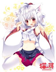 Rule 34 | 1girl, ahoge, animal ears, detached sleeves, full body, hair between eyes, hat, highres, hikanyan, inubashiri momiji, looking at viewer, navel, open mouth, pom pom (clothes), red eyes, red hat, short hair, sitting, skirt, smile, solo, stomach, tagme, tail, thighhighs, tokin hat, touhou, white hair, white thighhighs, wolf ears, wolf tail