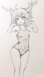 Rule 34 | :o, ahoge, alternate hairstyle, bow, breasts, collarbone, commentary request, competition school swimsuit, competition swimsuit, covered navel, d-m (dii emu), greyscale, hair bow, hands in hair, horn ornament, horns, ibuki suika, legs together, looking at viewer, monochrome, one-piece swimsuit, oni, oni horns, open mouth, school swimsuit, short hair, simple background, small breasts, swimsuit, thighs, touhou, traditional media, wide hips