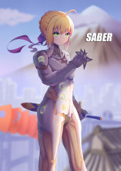 Rule 34 | 1girl, ahoge, alternate costume, artoria pendragon (all), artoria pendragon (fate), between fingers, blizzard (company), blonde hair, blue ribbon, blue sky, blurry, bodysuit, building, character name, closed mouth, cosplay, crossover, day, depth of field, expressionless, eyebrows, fate/stay night, fate (series), genji (cosplay), genji (overwatch), genji (overwatch) (cosplay), green eyes, hair ribbon, highres, holding, holding sword, holding weapon, house, looking at viewer, mountain, outdoors, overwatch, overwatch 1, ribbon, saber (fate), sheath, sheathed, shoes, shuriken, sky, snow, solo, standing, sword, type-moon, weapon, xiaosan ye