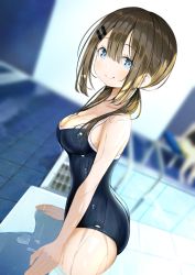 Rule 34 | 1girl, arm support, ass, blue eyes, blue one-piece swimsuit, breasts, brown hair, cleavage, from side, hair ornament, hairclip, highres, leaning forward, long hair, looking at viewer, low twintails, one-piece swimsuit, original, pool, poolside, sakura yuu (hzjy8485), school swimsuit, smile, solo, swimsuit, thighs, twintails, wading, wet, wet clothes, wet swimsuit