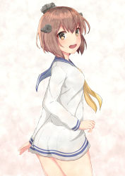 Rule 34 | 1girl, absurdres, ass, bad id, bad pixiv id, blue sailor collar, brown eyes, brown hair, cowboy shot, dress, from behind, headgear, headset, highres, kantai collection, ludens (inonaka koubou), neckerchief, official style, open mouth, round teeth, sailor collar, sailor dress, short hair, solo, speaking tube headset, standing, teeth, upper teeth only, yellow neckerchief, yukikaze (kancolle)