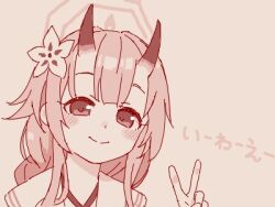 Rule 34 | 1girl, blue archive, blush, chise (blue archive), closed mouth, commentary request, flower, hair flower, hair ornament, halo, hand up, horns, long hair, looking at viewer, low-braided long hair, low-tied long hair, lowres, maibotsumou, monochrome, oekaki, portrait, red theme, sailor collar, simple background, smile, solo, translation request, v
