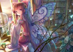 Rule 34 | 1girl, bad id, bad pixiv id, bare shoulders, brown hair, bug, building, butterfly, butterfly net, butterfly wings, detached sleeves, female focus, flower, hair flower, hair ornament, hair tubes, hakurei reimu, hand net, highres, insect, insect wings, kneeling, long hair, looking at viewer, plant, potted plant, red eyes, sanntouhei, solo, touhou, wings