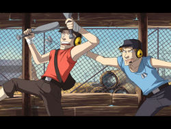 Rule 34 | 2boys, animification, bandages, baseball bat, belt, blu scout (tf2), dog tags, dual wielding, fake screenshot, freckles, hat, headset, holding, letterboxed, minttu hynninen, motion blur, multiple boys, red scout (tf2), scout (tf2), team fortress 2, weapon