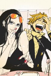 Rule 34 | 1boy, 1girl, black dress, black jacket, blonde hair, blue eyes, buttons, closed eyes, collared shirt, commentary request, curly eyebrows, dress, eyewear on head, hand on own face, jacket, long hair, nico robin, one piece, red nails, sanji (one piece), shirt, smile, szlove, upper body, yellow shirt