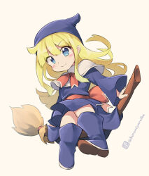 Rule 34 | &gt;:), 1girl, back bow, blonde hair, blue dress, blue eyes, blue footwear, blue headwear, blush stickers, boots, bow, broom, broom riding, brown background, closed mouth, dress, full body, hair between eyes, kuromiya, long hair, one-hour drawing challenge, puyopuyo, red bow, simple background, smile, solo, twitter username, v-shaped eyebrows, very long hair, witch (puyopuyo)