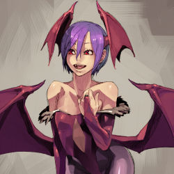 Rule 34 | 1girl, bare shoulders, bat wings, capcom, demon girl, elbow gloves, fang, fangs, flat chest, gloves, head wings, highres, leotard, lilith aensland, pantyhose, purple hair, red eyes, red leotard, shihou (g-o-s), short hair, simple background, smile, solo, vampire, vampire (game), wings