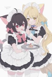 Rule 34 | 33bun3, absurdres, ahoge, animal ears, bell, black hair, blonde hair, blue bow, blush, bow, cake, cake slice, choker, commission, feeding, food, food on face, frilled choker, frills, grey background, hair between eyes, hair ornament, hairclip, highres, holding, holding plate, long hair, maid, maid headdress, neck bell, open mouth, original, pink bow, pink choker, plate, puffy sleeves, red bow, red eyes, simple background, skeb commission, tail, tail bow, tail ornament, thank you, thighhighs, tongue, twintails, twitter username, watermark, white legwear, yellow eyes