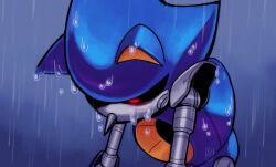 Rule 34 | 1boy, alyrian, black sclera, colored sclera, commentary, english commentary, highres, male focus, metal sonic, no mouth, non-humanoid robot, outdoors, rain, red eyes, robot, robot animal, solo, sonic (series), upper body, wet