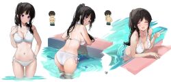 Rule 34 | 1boy, 1girl, :d, absurdres, artist logo, ass, bare arms, bare shoulders, bikini, black hair, blush, breasts, chitanda eru, cleavage, closed eyes, crossed arms, facing viewer, from behind, halterneck, hand on own hip, hand up, highres, hyouka, large breasts, leaning forward, long hair, looking at viewer, looking back, male swimwear, mery (yangmalgage), navel, open mouth, oreki houtarou, pool, purple eyes, shiny skin, side-tie bikini bottom, simple background, smile, standing, string bikini, swimsuit, thighs, v, wading, water, white bikini