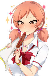 Rule 34 | + +, 1girl, :t, blush, bow, bracelet, breasts, brown eyes, brown hair, chiji komari, cleavage, closed mouth, collarbone, collared shirt, dress shirt, earrings, eating, food, gem, heart, heart earrings, highres, holding, holding food, hot dog, idolmaster, idolmaster cinderella girls, jewelry, ketchup, komatsu ibuki, long hair, low twintails, medium breasts, pendant, red bow, school uniform, shirt, short sleeves, short twintails, simple background, solo, sparkle, striped, striped bow, twintails, upper body, v-shaped eyebrows, white background, white shirt