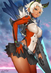 Rule 34 | 1girl, animal ears, ariverkao, artist name, belt, black skirt, blue eyes, breasts, cloud, cloudy sky, covered erect nipples, covered navel, cowboy shot, dated, diamond (shape), diamond print, fake animal ears, from below, gem (symbol), gloves, headgear, highleg, highleg leotard, holding, holding weapon, horizon, impossible clothes, impossible leotard, large breasts, leotard, lips, looking at viewer, microskirt, original, overcast, parted lips, pleated skirt, short hair, signature, single glove, skin tight, skirt, sky, solo, standing, teeth, waistcoat, weapon, white hair
