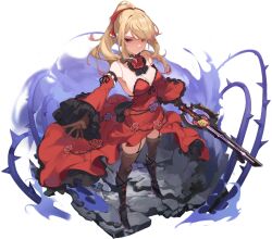 Rule 34 | 1girl, bare shoulders, black footwear, black thighhighs, blonde hair, breasts, cleavage, closed mouth, detached sleeves, dress, full body, high heels, holding, holding sword, holding weapon, large breasts, little witch nobeta, long hair, long sleeves, official art, ponytail, red dress, red eyes, sidelocks, simple background, solo, standing, sword, thighhighs, transparent background, vanessa (little witch nobeta), weapon, zettai ryouiki