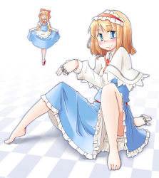 Rule 34 | 2girls, alice margatroid, apron, arnest, barefoot, blonde hair, blue eyes, capelet, checkered floor, closed eyes, clothes lift, curtsey, doll, dress, artistic error, female focus, floor, hairband, jewelry, long sleeves, multiple girls, open mouth, puppet rings, ring, sash, shanghai doll, shirt, short hair, sitting, skirt, skirt lift, smile, touhou, vest, wrong hand
