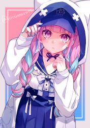 Rule 34 | 1girl, @ @, anchor print, anchor symbol, animal hood, baseball cap, blue background, blue hair, blue hat, blue nails, blue ribbon, blue sailor collar, blue skirt, blunt bangs, blurry, blurry background, blush, border, bow, bow skirt, bowtie, braid, breasts, clenched hand, collarbone, commentary, crying, crying with eyes open, frilled shirt collar, frills, gradient background, grey border, hands up, hat, highres, holding, holding clothes, holding hat, hololive, hood, hood up, hooded jacket, jacket, long sleeves, looking at viewer, medium breasts, minato aqua, minato aqua (sailor), multicolored hair, nail polish, neck ribbon, nitumaruta, official alternate costume, official alternate hairstyle, open clothes, open jacket, open mouth, pink background, pink eyes, pink hair, pleated skirt, puffy long sleeves, puffy sleeves, purple bow, purple bowtie, ribbon, sailor collar, skirt, solo, streaked hair, symbol-only commentary, tearing up, tears, twin braids, twitter username, two-tone hair, virtual youtuber, white jacket