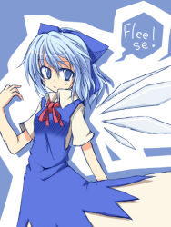 Rule 34 | 1girl, blue dress, bow, cirno, dress, embodiment of scarlet devil, english text, engrish text, female focus, happy go lucky, ranguage, red ribbon, ribbon, simple background, solo, touhou, yuuhi alpha