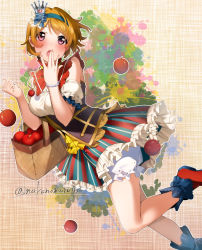Rule 34 | 1girl, absurdres, apple, basket, bead bracelet, beads, blue footwear, blue hairband, bracelet, brown hair, crown, food, fruit, hairband, highres, holding, holding basket, jewelry, koizumi hanayo, looking at viewer, love live!, love live! school idol project, mini crown, multicolored clothes, multicolored skirt, nakano maru, open mouth, pink eyes, shoes, short hair, skirt, thighs, twitter username