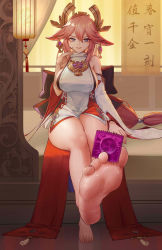 Rule 34 | 1girl, absurdres, animal ears, bed, blouse, breasts, condom, condom wrapper, detached sleeves, feet, foot focus, holding with feet, fox ears, genshin impact, highres, holding, holding condom, indoors, japanese clothes, kimono, large breasts, long hair, low-tied long hair, mitsudomoe (shape), obiage, obijime, pink hair, purple eyes, shirt, sideboob, sitting, sleeveless, sleeveless kimono, sleeveless shirt, soles, solo, tomoe (symbol), white shirt, wide sleeves, xue yue (zero), yae miko