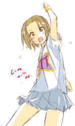 Rule 34 | 1girl, :d, arm up, brown hair, clothes writing, english text, hairband, hamao, k-on!, open mouth, shirt, short hair, sketch, skirt, smile, solo, t-shirt, tainaka ritsu