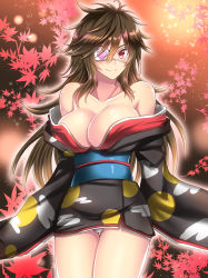 Rule 34 | &gt;:), 1girl, arms at sides, bare shoulders, black hair, blush, breasts, cleavage, closed mouth, collarbone, cowboy shot, eyepatch, heart, heart eyepatch, highres, japanese clothes, kimono, large breasts, long hair, long sleeves, looking at viewer, messy hair, minabari no kizuna, obi, off shoulder, panties, pantyshot, red eyes, sash, smile, solo, standing, takecha, thigh gap, tsurime, underwear, white panties, wide sleeves