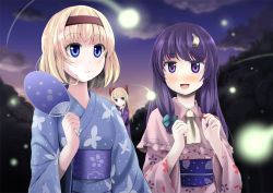 Rule 34 | 2girls, a (aaaaaaaaaaw), alice margatroid, alternate costume, blonde hair, blue eyes, blush, bow, capelet, cloud, commentary request, crescent, crescent hair ornament, hand fan, fireflies, hair bow, hair ornament, hairband, japanese clothes, kimono, long sleeves, multiple girls, night, obi, open mouth, patchouli knowledge, purple eyes, purple hair, sash, shanghai doll, sky, smile, touhou, wide sleeves, yukata