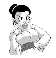 Rule 34 | 1girl, :&gt;, breasts, chi-chi (dragon ball), chinese clothes, commentary, condom, condom in mouth, condom wrapper, cropped torso, dragon ball, dragonball z, earrings, english commentary, funsexydb, furrowed brow, greyscale, hair bun, hand on own hip, highres, jewelry, large breasts, monochrome, mouth hold, single hair bun, solo, upper body