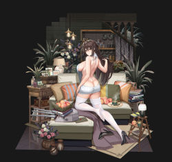 Rule 34 | 1girl, ahoge, ass, backless outfit, bare back, black footwear, blush, book, book stack, breasts, brown eyes, brown hair, butt crack, closed mouth, copyright request, couch, d. (ddot2018), food, from behind, fruit, full body, hair between eyes, high heels, highres, indoors, iron saga, large breasts, long hair, looking at viewer, looking back, meme attire, mole, mole under eye, official art, patent heels, plant, potted plant, pumps, shoes, unworn shoes, single shoe, solo, stiletto heels, sweater, very long hair, virgin killer sweater, white sweater