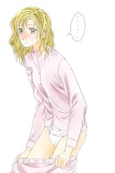 Rule 34 | blonde hair, blush, buttons, closed mouth, clothes pull, diaper, embarrassed, highres, looking at viewer, medium hair, mitaray, original, pajamas, pink pajamas, pulled by self, sweatdrop, thighs, white background, yellow eyes