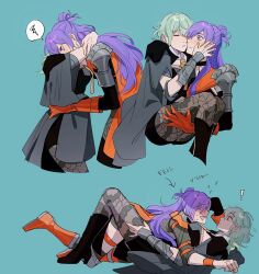 Rule 34 | blush, byleth (female) (fire emblem), byleth (fire emblem), carrying, fire emblem, fire emblem: three houses, fire emblem warriors: three hopes, green hair, hand on another&#039;s face, highres, hug, imminent kiss, long hair, looking at another, medium hair, nintendo, oratoza, pantyhose, princess carry, purple hair, shez (female) (fire emblem), shez (fire emblem), sweatdrop, yuri