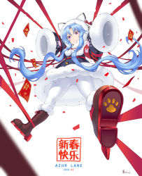 Rule 34 | 1girl, 2018, :3, animal hood, animal print, armband, azur lane, blue dress, blue hair, blurry, blush, boots, brown footwear, cai de xin, capelet, cat hood, changchun (azur lane), closed mouth, copyright name, cross-laced footwear, dated, depth of field, dress, earrings, eyebrows, eyelashes, floating hair, fur trim, gluteal fold, hair intakes, highres, hood, hood up, hooded capelet, jewelry, lace-up boots, legs apart, long hair, long sleeves, pantyhose, paw print, paw print shoes, pink eyes, pink ribbon, rabbit, ribbon, rudder footwear, shoes, single earring, sleeves past wrists, smile, solo, text focus, tiger print, very long hair, white pantyhose, wide sleeves