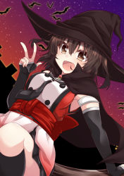 Rule 34 | 1girl, :d, armlet, back bow, bat (animal), between breasts, black cape, black gloves, black neckerchief, black skirt, black socks, blush, bow, breasts, brown eyes, brown hat, buttons, cape, double-breasted, elbow gloves, fang, gloves, gradient sky, halloween, hat, highres, izumo ayuka, kantai collection, kneehighs, looking at viewer, medium breasts, miniskirt, neckerchief, open mouth, red bow, sash, sendai (kancolle), sendai kai ni (kancolle), short hair, skin fang, skirt, sky, smile, socks, solo, star (sky), starry sky, two side up, v, witch hat