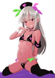 Rule 34 | 1girl, bandages, bikini, black bikini, black thighhighs, breasts, colored skin, eightman, grin, hat, highres, long hair, natori sana, navel, nurse cap, rabbit tail, red eyes, red skin, sana channel, silver hair, simple background, sitting, small breasts, smile, solo, spread legs, swimsuit, tail, thighhighs, virtual youtuber, wariza, white background