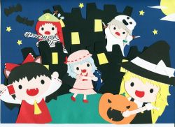 Rule 34 | 5girls, animal ears, bat (animal), bow, castle, cat, cosplay, costume, dog ears, fangs, flying sweatdrops, full moon, ghost costume, hair bow, hair tubes, hakurei reimu, halloween, halloween costume, hat, hong meiling, izayoi sakuya, kirisame marisa, knife, moon, multiple girls, mummy, mummy (cosplay), paper (medium), papercraft (medium), poru (tohopunk), pumpkin, remilia scarlet, sky, star (sky), starry sky, touhou, unconventional media, witch hat