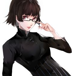 Rule 34 | 1girl, adjusting eyewear, bad id, bad twitter id, black-framed eyewear, black dress, braid, brown hair, catherine (game), company connection, cosplay, crown braid, dress, glasses, highres, katherine mcbride, katherine mcbride (cosplay), lips, looking at viewer, niijima makoto, parted lips, persona, persona 5, pertex 777, red eyes, short sleeves, simple background, solo, striped clothes, striped dress, sweater, turtleneck, turtleneck sweater, white background