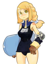 Rule 34 | 1girl, agrias oaks, black one-piece swimsuit, blonde hair, breasts, female focus, fgz, final fantasy, final fantasy tactics, name tag, one-piece swimsuit, school swimsuit, simple background, solo, swimsuit