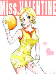 Rule 34 | 1girl, blonde hair, character name, dress, earrings, gloves, highres, jewelry, lemon print, miss valentine, one piece, solo