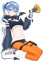 Rule 34 | 1girl, adapted costume, barbell piercing, black gloves, black shorts, blue eyes, blue hair, blush, breasts, cosplay, crop top, demon tail, demon wings, ear piercing, gloves, goggles, goggles on head, hand up, highres, holding, holding megaphone, hololive, hooded shrug, hoshimachi suisei, industrial piercing, long hair, long sleeves, looking at viewer, megaphone, navel, orange pantyhose, pantyhose, piercing, roller skates, short shorts, shorts, shrug (clothing), side ponytail, simple background, single wing, sitting, skates, small breasts, smile, snow goggles, socks, solo, star (symbol), star in eye, stomach, strapless, symbol in eye, tail, teeth, thigh strap, tojo aoi, tokoyami towa, tokoyami towa (5th costume), tokoyami towa (cosplay), tube top, two-sided gloves, virtual youtuber, wariza, white background, white footwear, white gloves, white socks, wide sleeves, wings