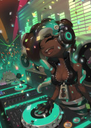 Rule 34 | + +, 2girls, ^ ^, absurdres, bare arms, bare shoulders, black hair, breasts, cleavage, closed eyes, colored skin, confetti, crop top, cropped vest, crowd, crown, dark-skinned female, dark skin, dj, fangs, glowing, green hair, green skin, headphones, high collar, highres, inkling, long hair, marina (splatoon), medium breasts, midriff, mole, mole under mouth, multicolored hair, multicolored skin, multiple girls, navel piercing, nintendo, octoling, open mouth, pearl (splatoon), phonograph, piercing, pink hair, purple hair, shorts, smile, solo focus, splatoon (series), splatoon 2, stage, stage lights, standing, stomach, striped clothes, striped shorts, suction cups, summergov, tentacle hair, turntable, unzipped, upper body, vest, white hair, yellow eyes, zipper, zipper pull tab