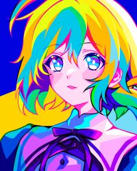 Rule 34 | 1girl, absurdres, ahoge, amano soraha, assault lily, blonde hair, blue background, blue eyes, bright pupils, buttons, commentary request, floating hair, hair between eyes, highres, light smile, limited palette, long hair, looking at viewer, low ponytail, multicolored background, multicolored eyes, neck ribbon, nifu (nixets), parted lips, ponytail, portrait, purple eyes, purple ribbon, ribbon, school uniform, solo, white pupils, yellow background, yurigaoka girls academy school uniform
