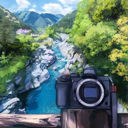 Rule 34 | blue sky, bug, building, camera, cloud, cloudy sky, commentary request, day, foliage, grass, insect, ladybug, moss, mountain, mutumipketto, no humans, original, outdoors, perspective, railing, river, rock, scenery, shallow water, sky, strap, tree, water, wooden bridge, wooden railing