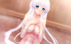 Rule 34 | 1girl, bath, blue eyes, blush, breast suppress, breasts, cait aron, completely nude, covering breasts, covering privates, empty eyes, highres, huge breasts, large breasts, long hair, mabinogi, nao (mabinogi), nude, nude cover, signature, sitting, smile, solo, sweat, very long hair, water, wet, white hair