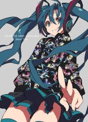 Rule 34 | 10s, 1girl, 2016, character name, character print, from below, grin, hatsune miku, headphones, highres, long hair, looking at viewer, mochizuki kei, skirt, smile, solo, twintails, vocaloid, yamada kei